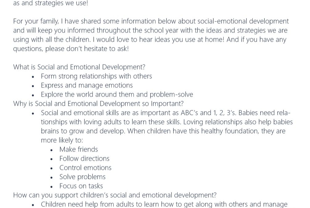 Infant & Toddler Social Emotional Development Parent Letter Examples