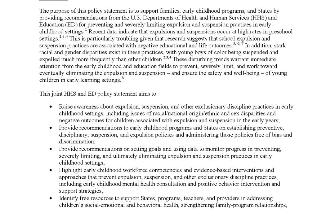 Policy Statement on Expulsion and Suspension Policies in Early Childhood Settings