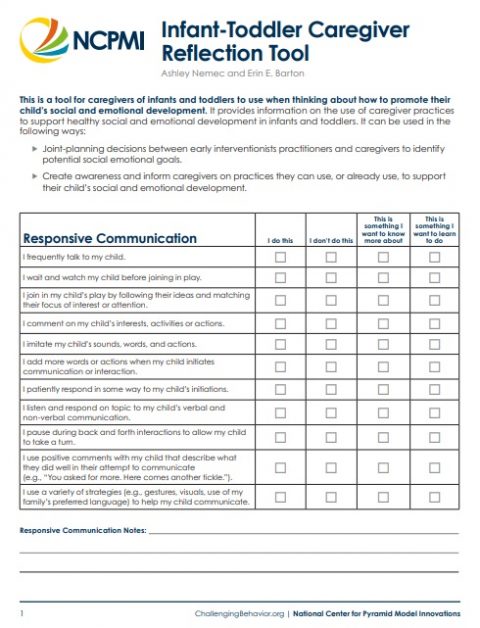 Ncpmi Infant-toddler Caregiver Reflection Tool - Prism