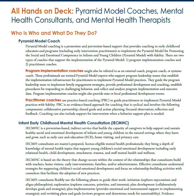 All Hands on Deck: Pyramid Model Coaches, Mental Health Consultants, and Mental Health Therapists