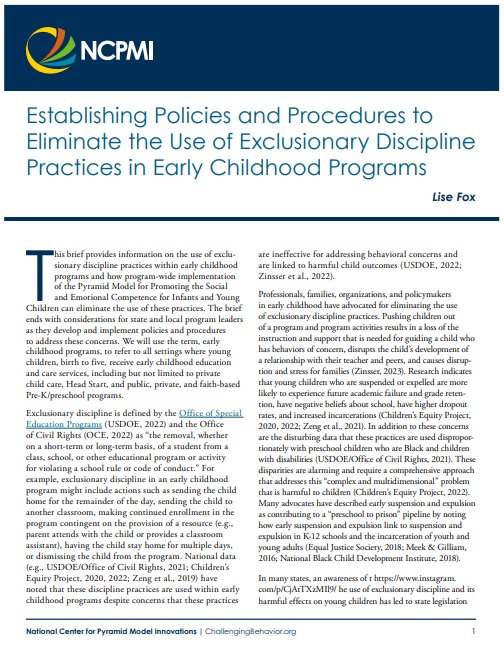 NCPMI Establishing Policies and Procedures to Eliminate the Use of Exclusionary Discipline Practices in Early Childhood ProgramsNCPMI